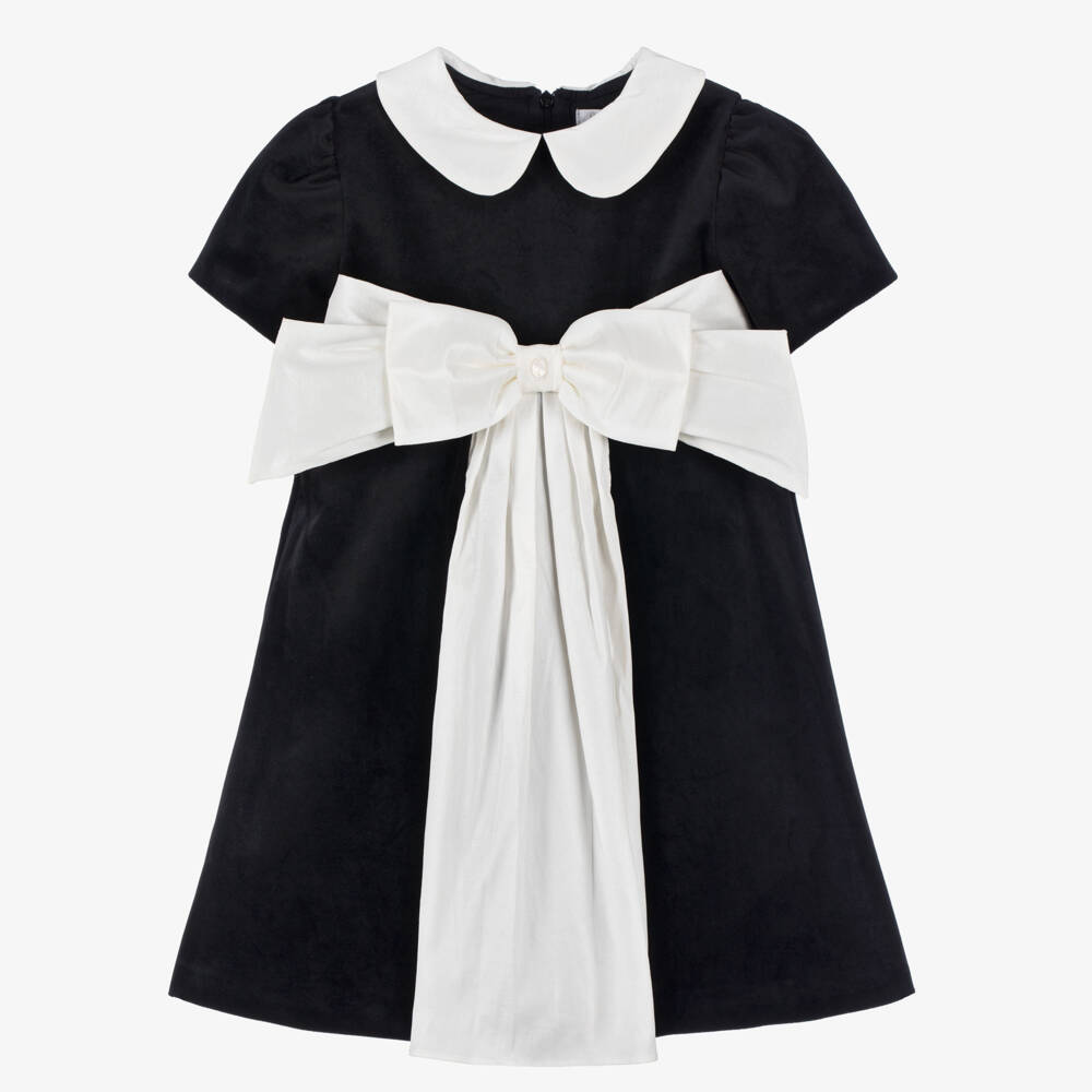 Patachou-Girls Black Velvet Dress with Ivory Bow | Childrensalon Outlet