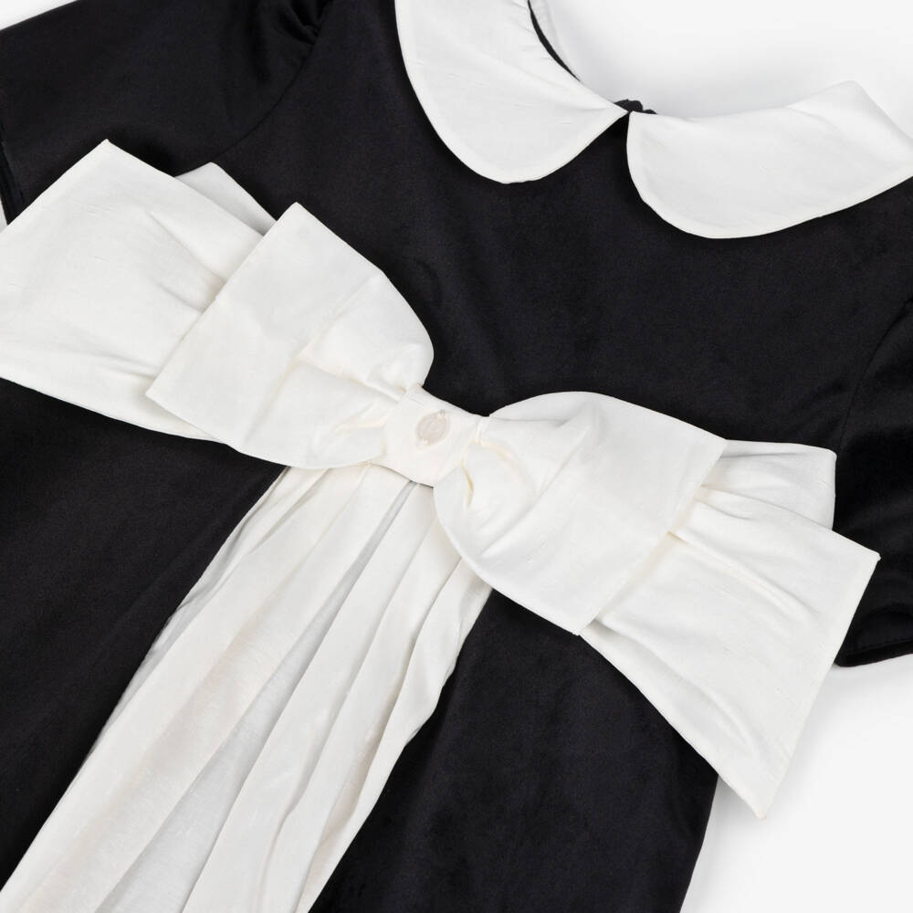 Patachou-Girls Black Velvet Dress with Ivory Bow | Childrensalon Outlet