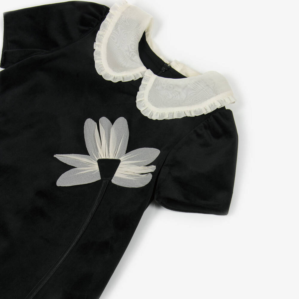 Patachou-Girls Black Velvet Dress with Ivory Crêpe Floral Appliqué | Childrensalon Outlet