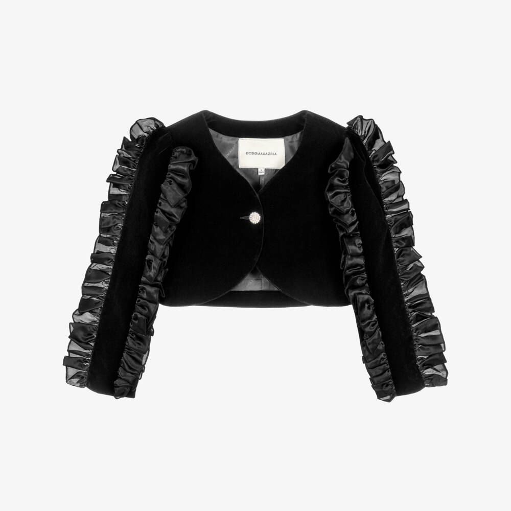 BCBGMAXAZRIA-Girls Black Velvet Jacket with Ruffle Trim & Diamanté Button | Childrensalon Outlet