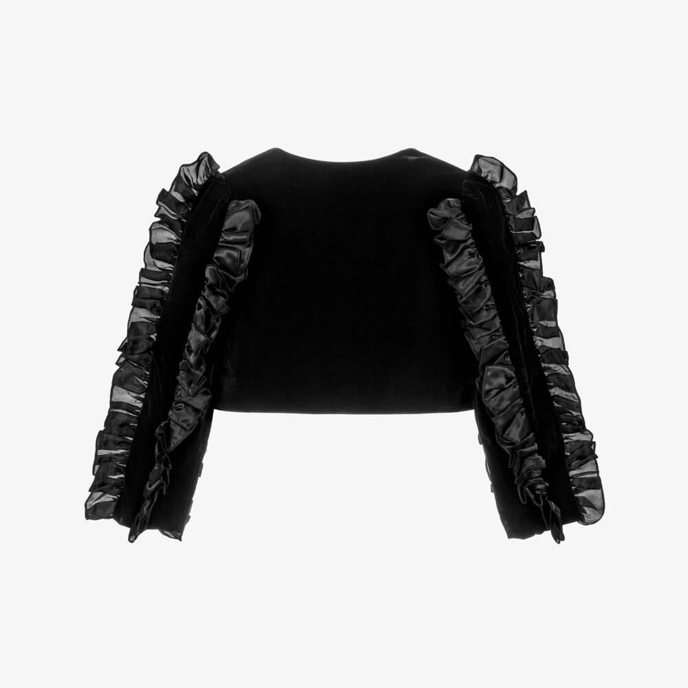 BCBGMAXAZRIA-Girls Black Velvet Jacket with Ruffle Trim & Diamanté Button | Childrensalon Outlet