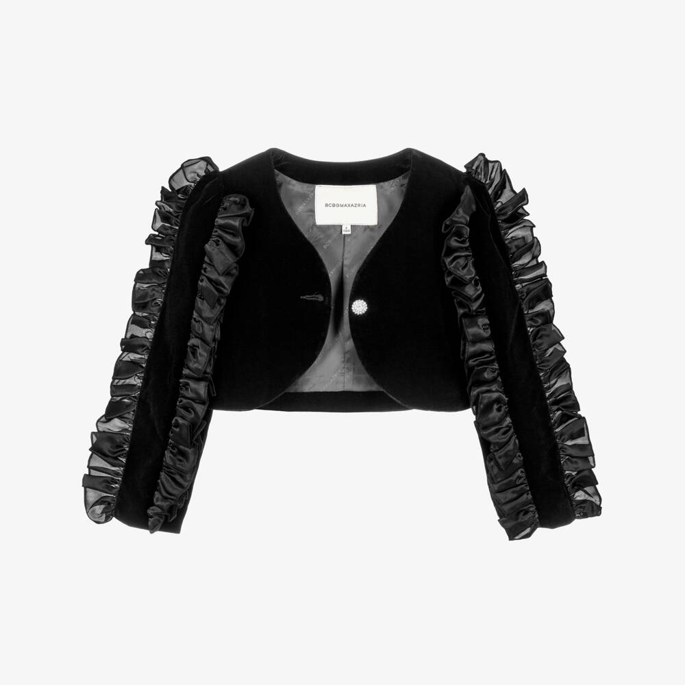 BCBGMAXAZRIA-Girls Black Velvet Jacket with Ruffle Trim & Diamanté Button | Childrensalon Outlet