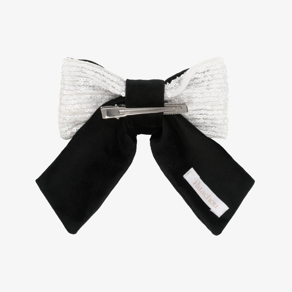 Patachou-Girls Black Velvet & White Sequin Bow Hair Clip (14cm) | Childrensalon Outlet