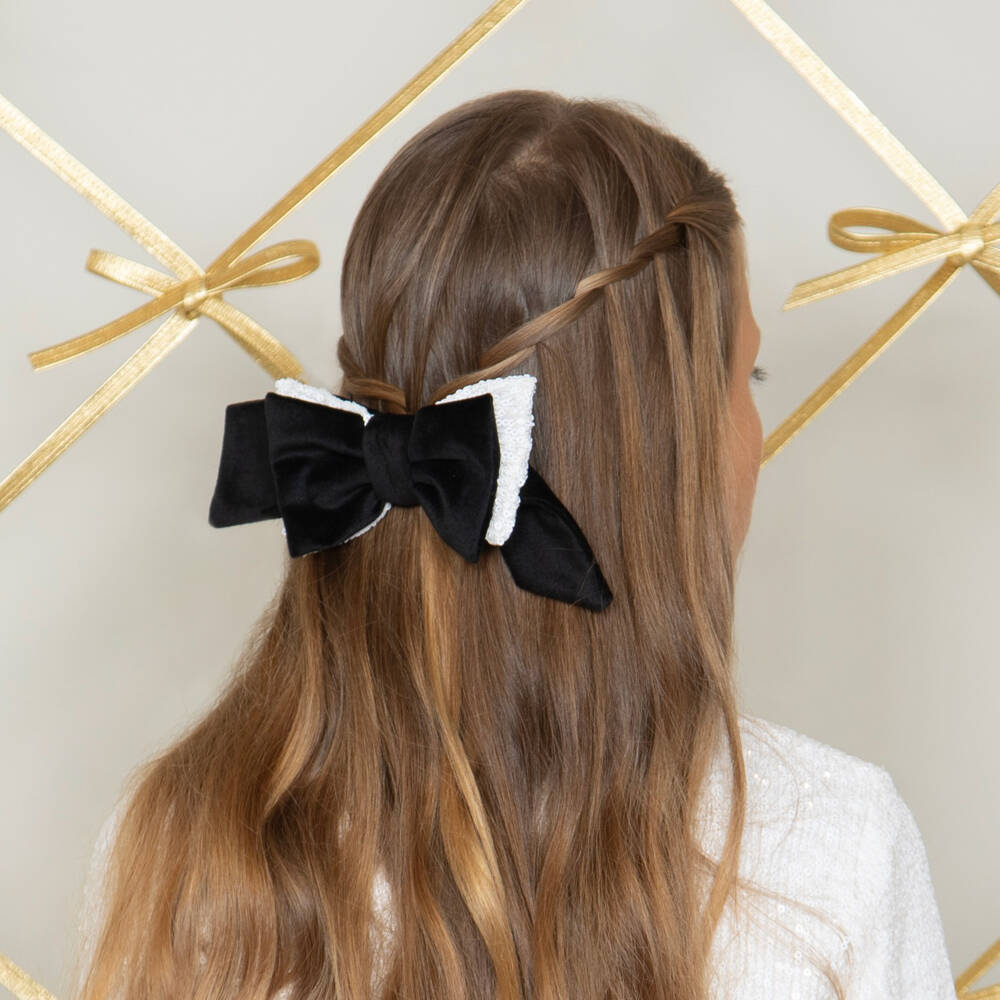 Patachou-Girls Black Velvet & White Sequin Bow Hair Clip (14cm) | Childrensalon Outlet