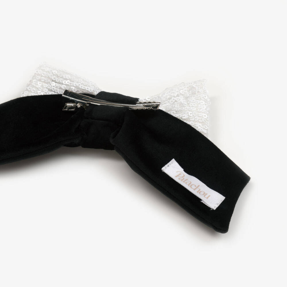 Patachou-Girls Black Velvet & White Sequin Bow Hair Clip (14cm) | Childrensalon Outlet