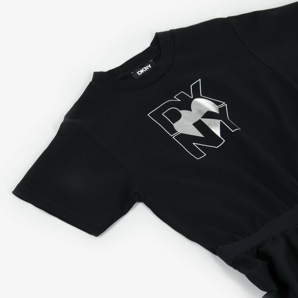 DKNY-Girls Black Viscose Jersey Dress with Silver Heart Logo | Childrensalon Outlet
