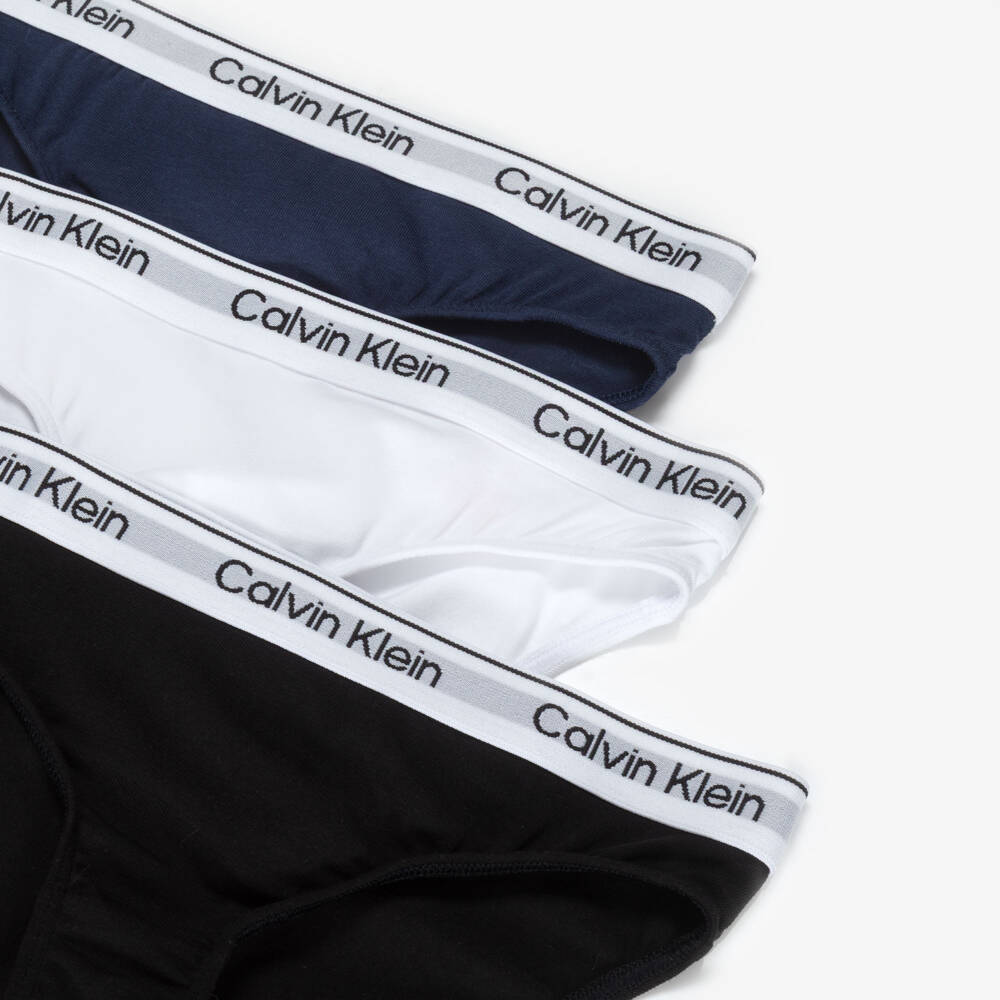 Calvin Klein-Girls Black, White & Blue Cotton Knickers (3 Pack) | Childrensalon Outlet