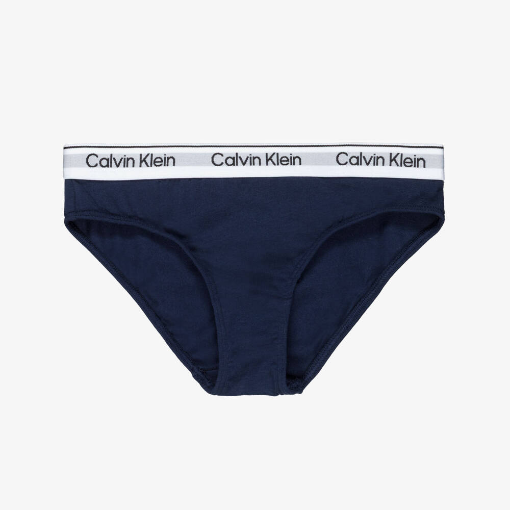 Calvin Klein-Girls Black, White & Blue Cotton Knickers (3 Pack) | Childrensalon Outlet