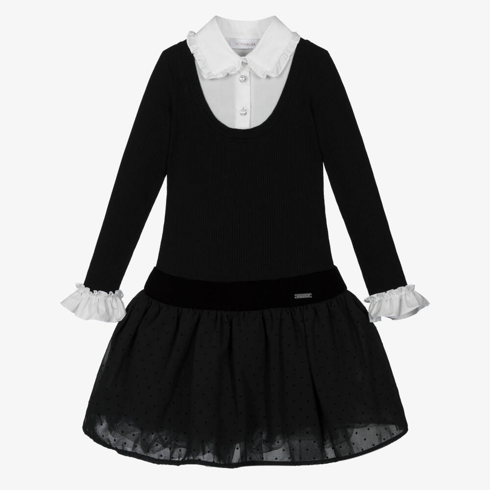 Monnalisa Chic-Girls Black & White Drop Waist Dress | Childrensalon Outlet