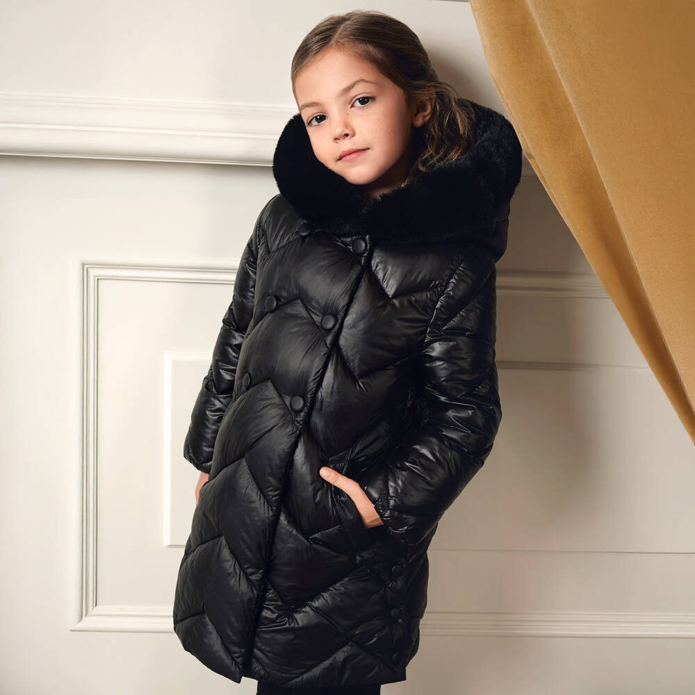 Abel & Lula-Girls Black Zig-Zag Quilted Puffer Coat | Childrensalon Outlet