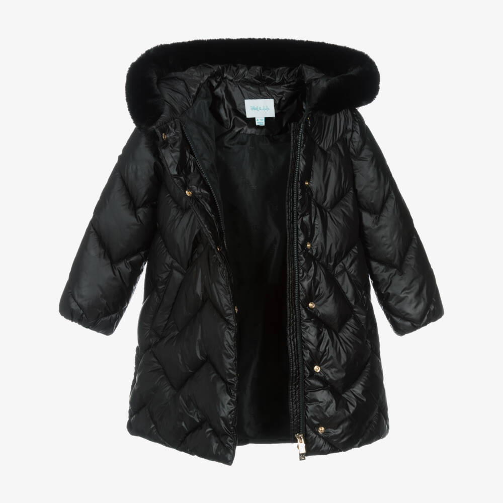 Abel & Lula-Girls Black Zig-Zag Quilted Puffer Coat | Childrensalon Outlet