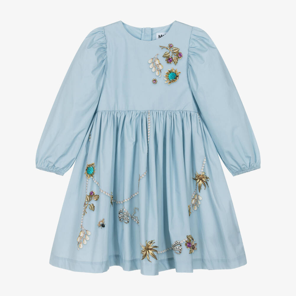 Molo-Girls Blue Beaded Print Cotton Dress | Childrensalon Outlet