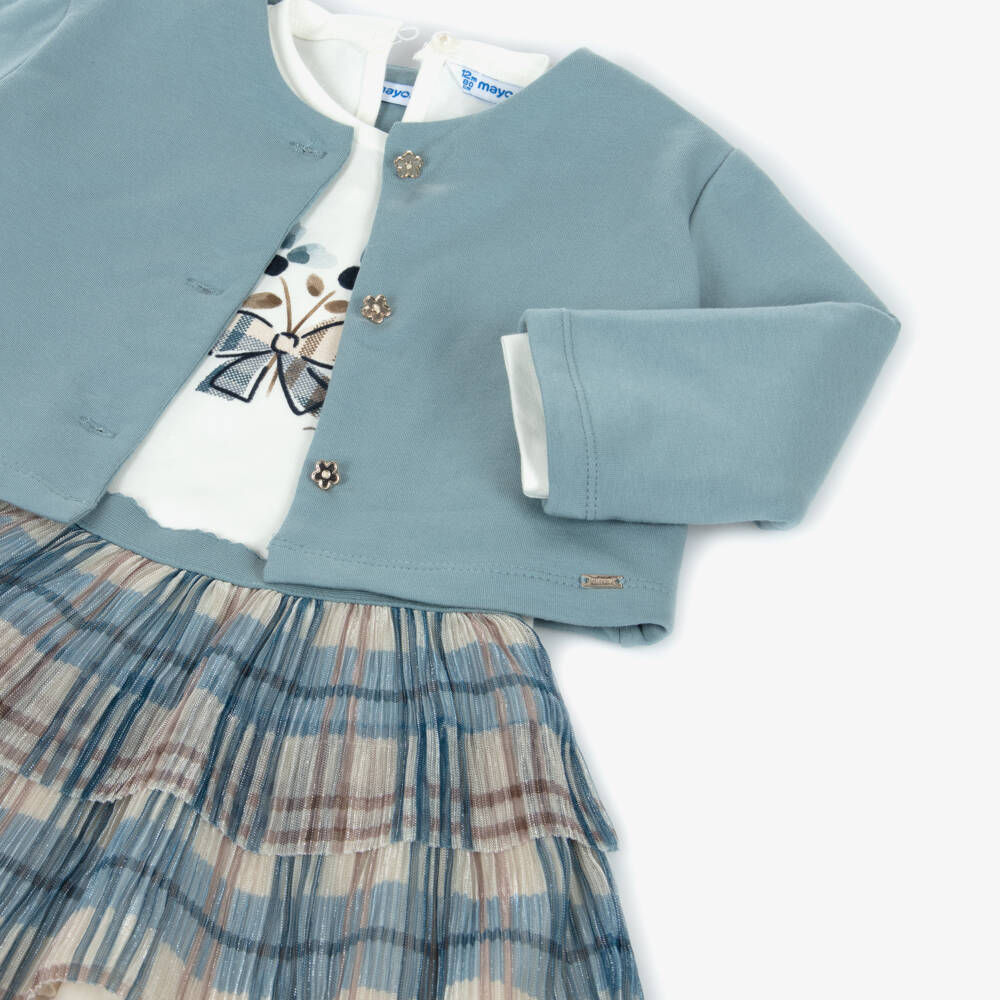 Mayoral-Girls Blue & Beige Checked Tulle Skirt Set | Childrensalon Outlet
