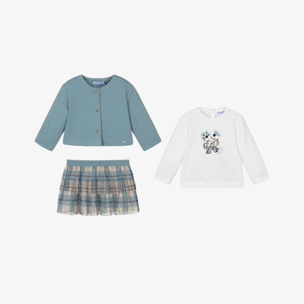 Mayoral-Girls Blue & Beige Checked Tulle Skirt Set | Childrensalon Outlet
