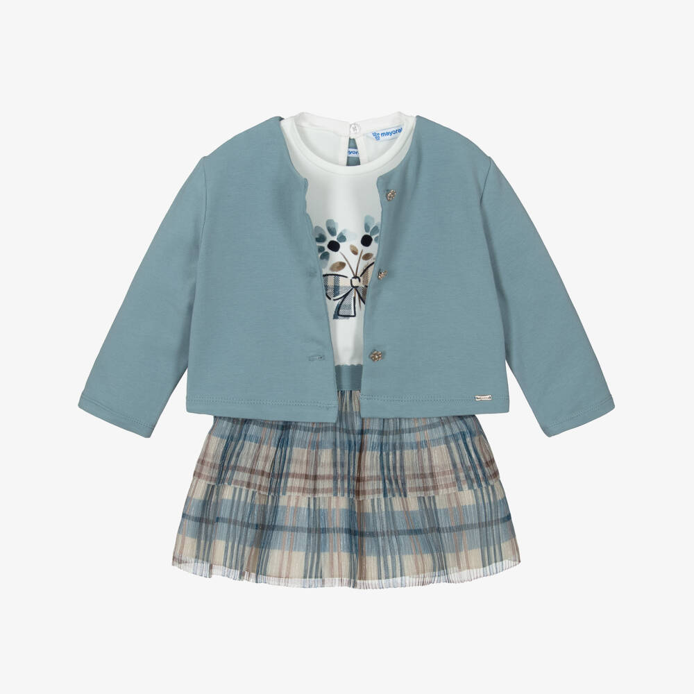 Mayoral-Girls Blue & Beige Checked Tulle Skirt Set | Childrensalon Outlet