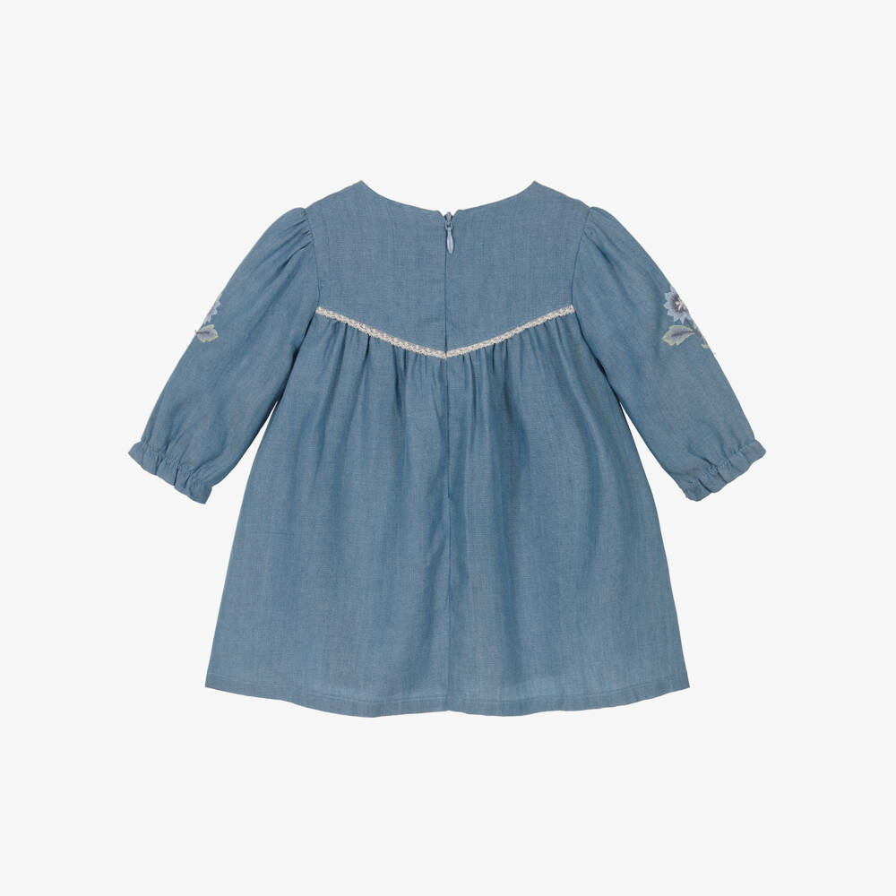 Tartine et Chocolat-Girls Blue Chambray Dress with Floral Embroidery | Childrensalon Outlet