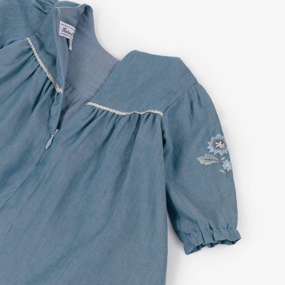 Tartine et Chocolat-Girls Blue Chambray Dress with Floral Embroidery | Childrensalon Outlet