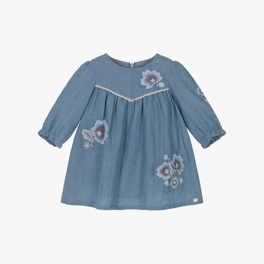 Tartine et Chocolat-Girls Blue Chambray Dress with Floral Embroidery | Childrensalon Outlet
