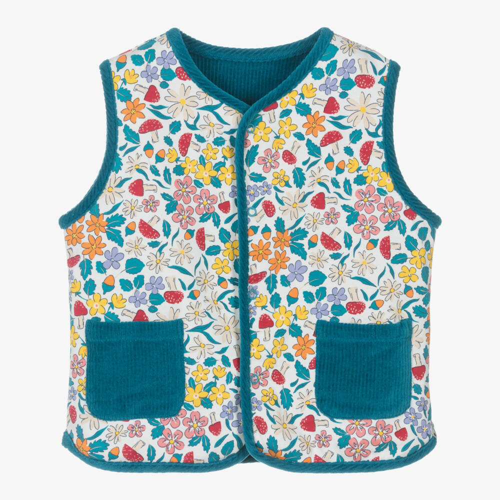 Frugi-Girls Blue Corduroy & Floral Patterned Reversible Waistcoat | Childrensalon Outlet