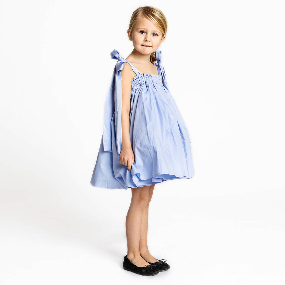 The Tiny Universe-Girls Blue Cotton Bow Strap Dress | Childrensalon Outlet