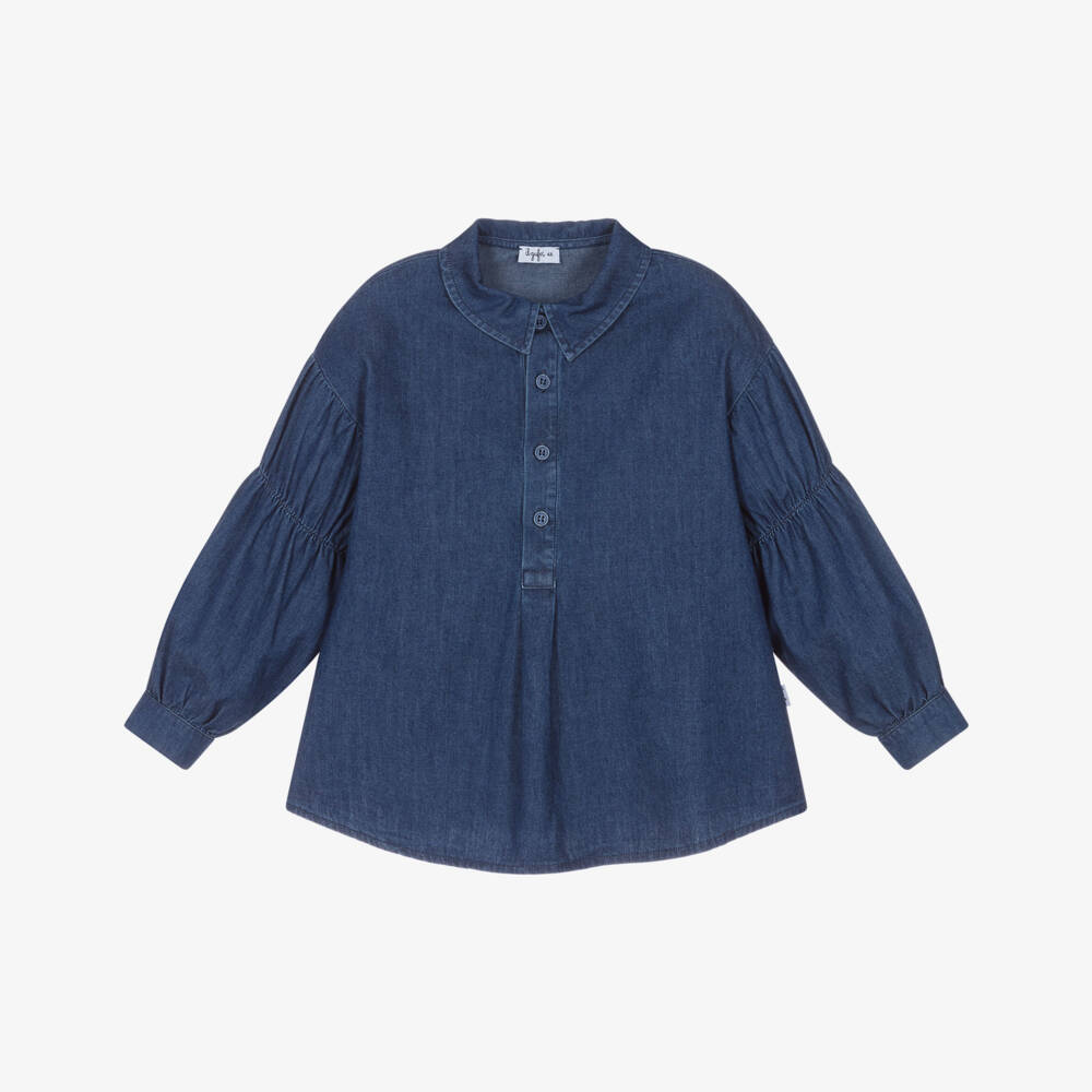 Il Gufo-Girls Blue Cotton Chambray Blouse with Ruched Sleeves | Childrensalon Outlet
