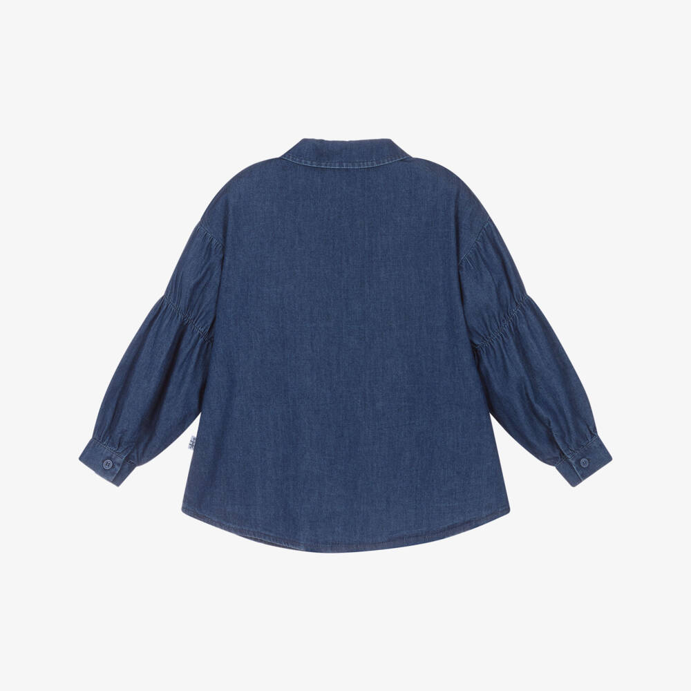 Il Gufo-Girls Blue Cotton Chambray Blouse with Ruched Sleeves | Childrensalon Outlet
