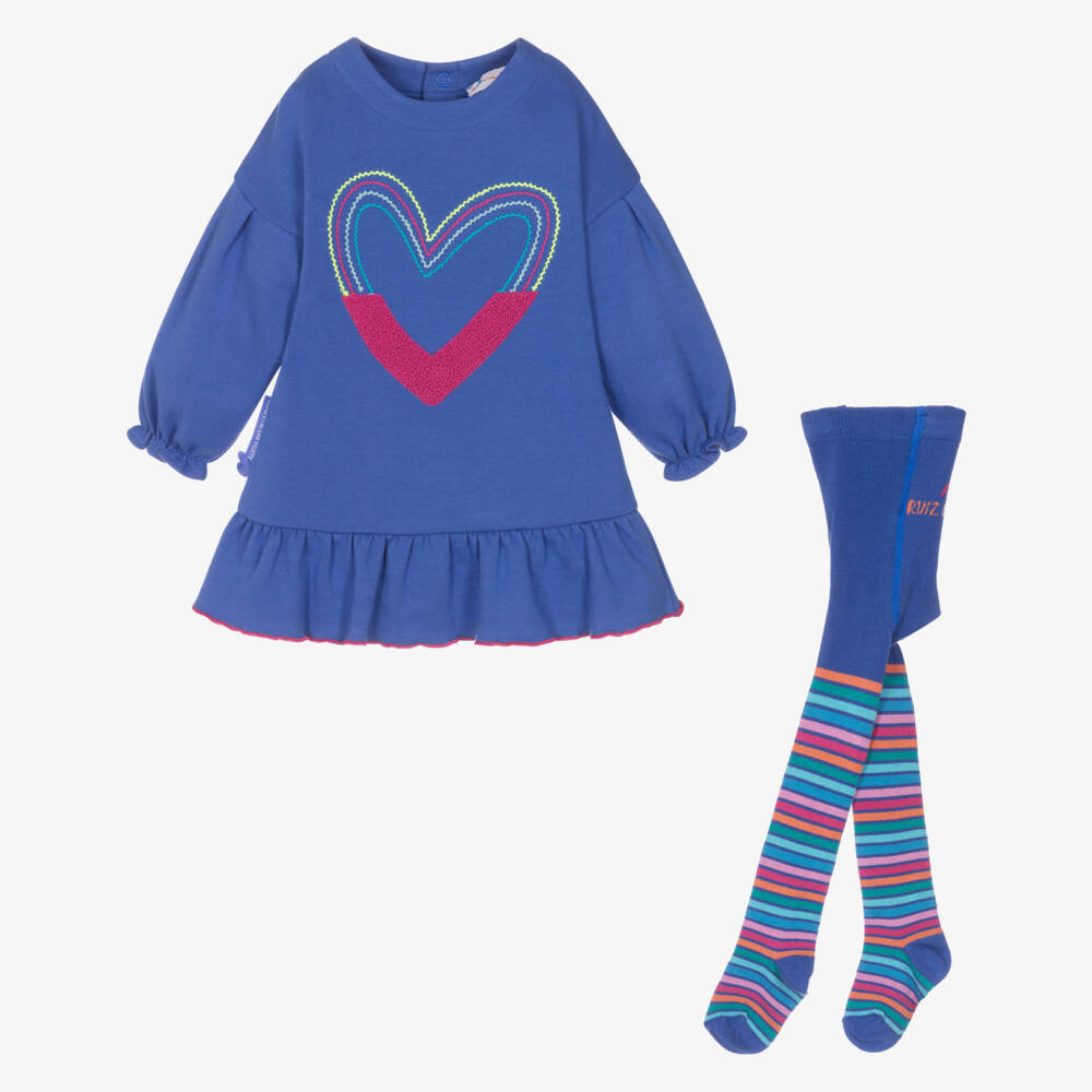 Agatha Ruiz de la Prada-Girls Blue Cotton Jersey Dress Set with Embroidered Heart | Childrensalon Outlet