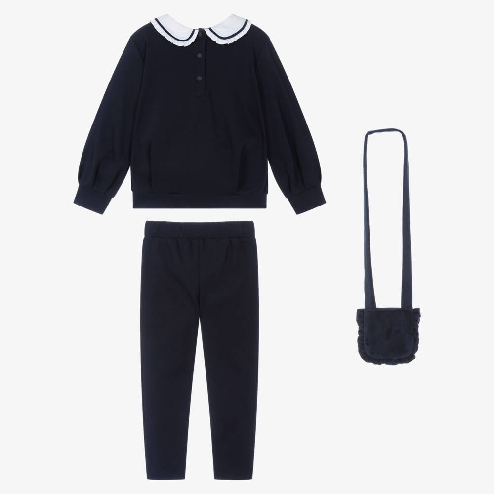 Patachou-Girls Blue Cotton Jersey Trouser Set & Velvet Shoulder Bag | Childrensalon Outlet