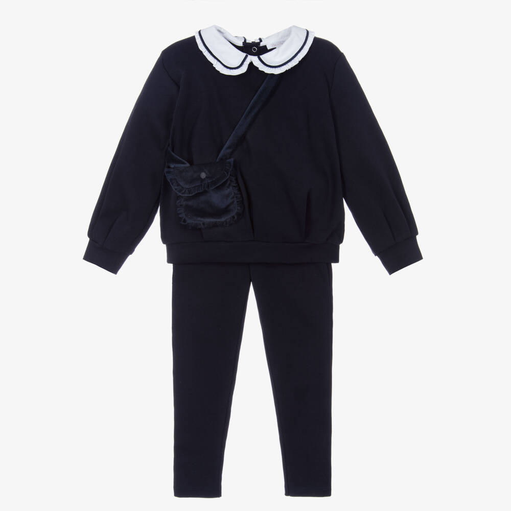 Patachou-Girls Blue Cotton Jersey Trouser Set & Velvet Shoulder Bag | Childrensalon Outlet