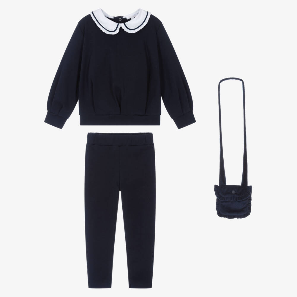 Patachou-Girls Blue Cotton Jersey Trouser Set & Velvet Shoulder Bag | Childrensalon Outlet