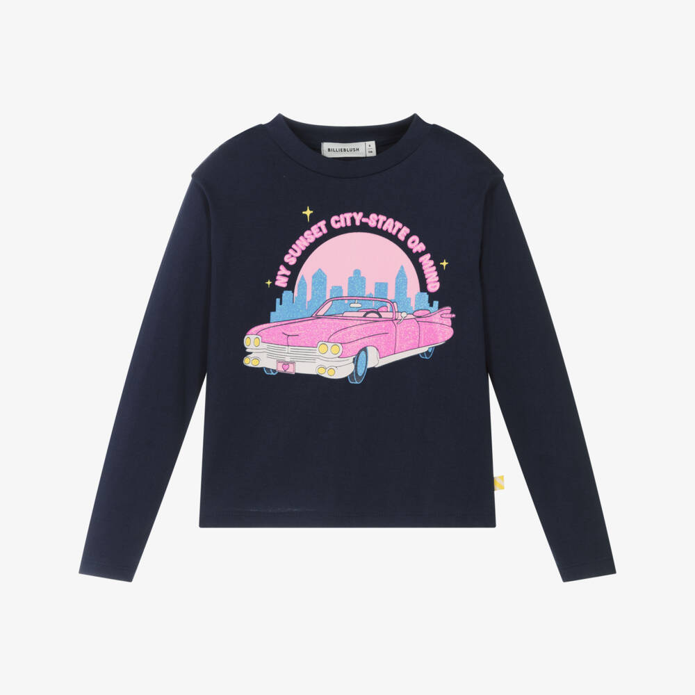 Billieblush-Girls Blue Cotton NY Cityscape Top with Glittery Pink Car | Childrensalon Outlet
