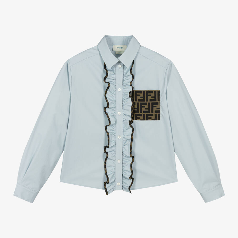 Fendi-Girls Blue Cotton Ruffle Blouse | Childrensalon Outlet