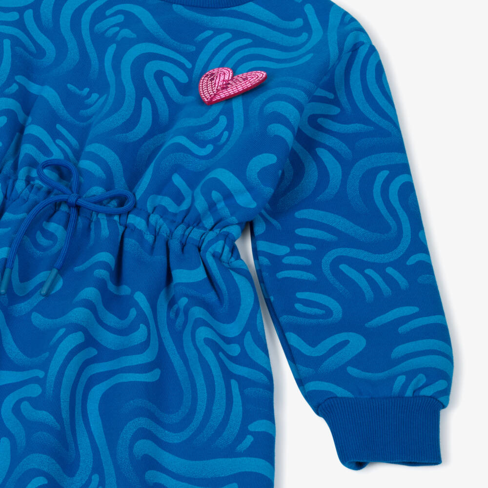 Agatha Ruiz de la Prada-Girls Blue Cotton Sweatshirt Dress with Pink Sequin Logo Heart | Childrensalon Outlet