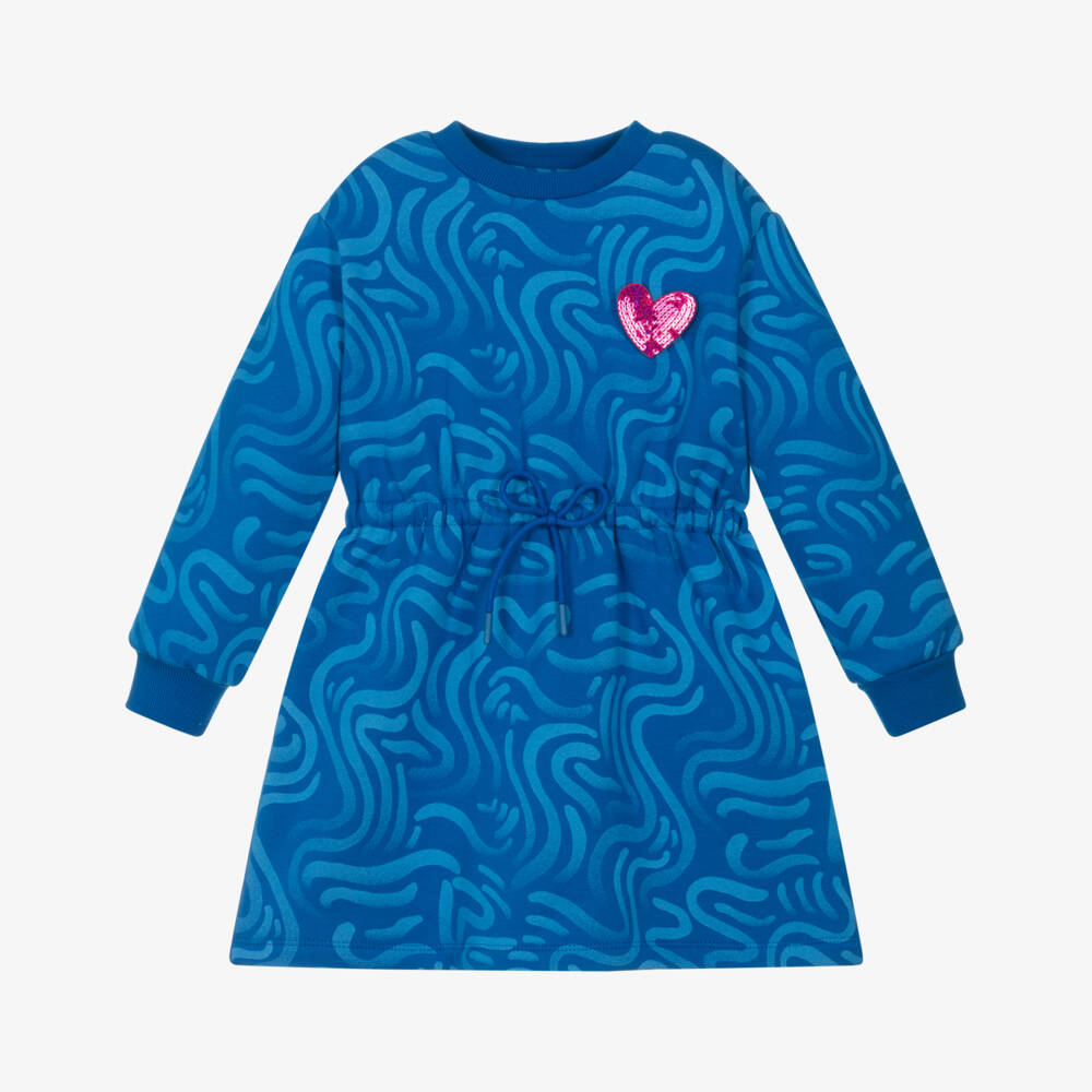 Agatha Ruiz de la Prada-Girls Blue Cotton Sweatshirt Dress with Pink Sequin Logo Heart | Childrensalon Outlet