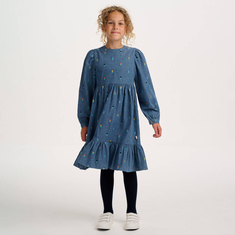Catimini-Girls Blue Denim Dress with Embroidered Flowers | Childrensalon Outlet