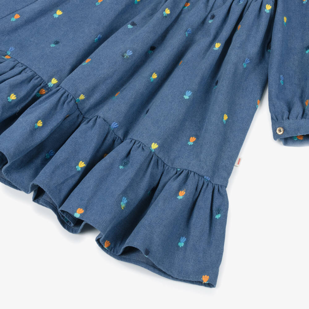Catimini-Girls Blue Denim Dress with Embroidered Flowers | Childrensalon Outlet