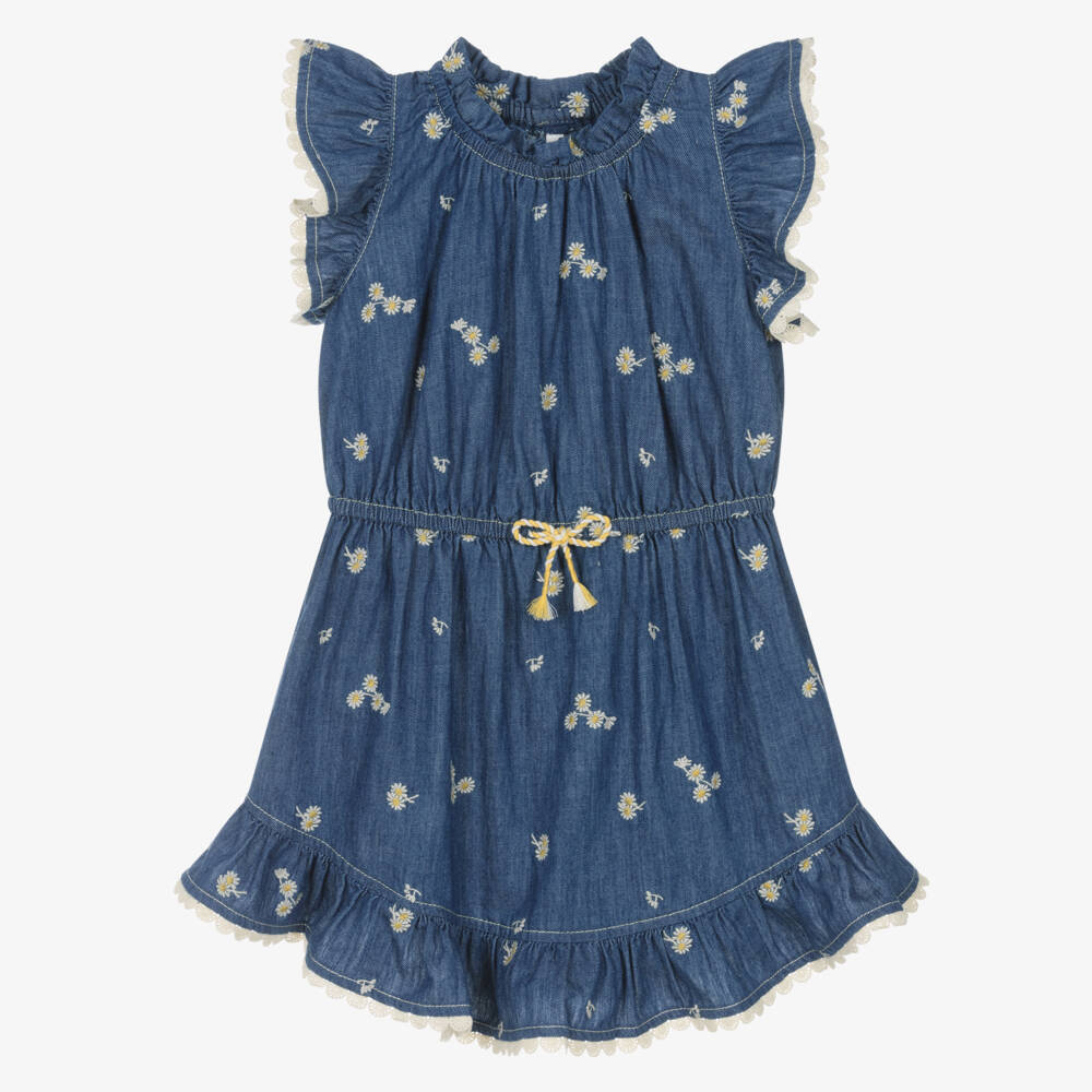 Zimmermann-Girls Blue Denim Embroidered Floral Dress | Childrensalon Outlet