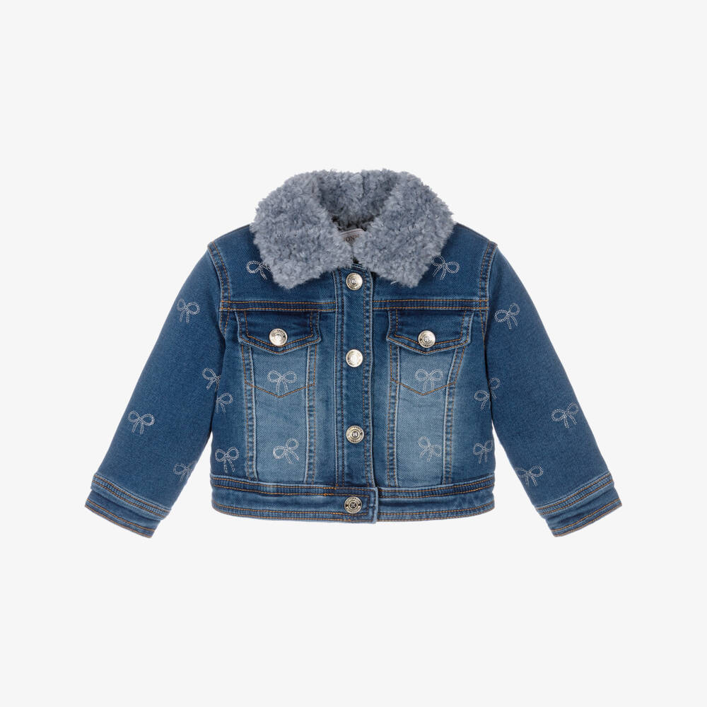Monnalisa-Girls Blue Denim Jacket with Faux Fur Collar & Glittery Bows | Childrensalon Outlet