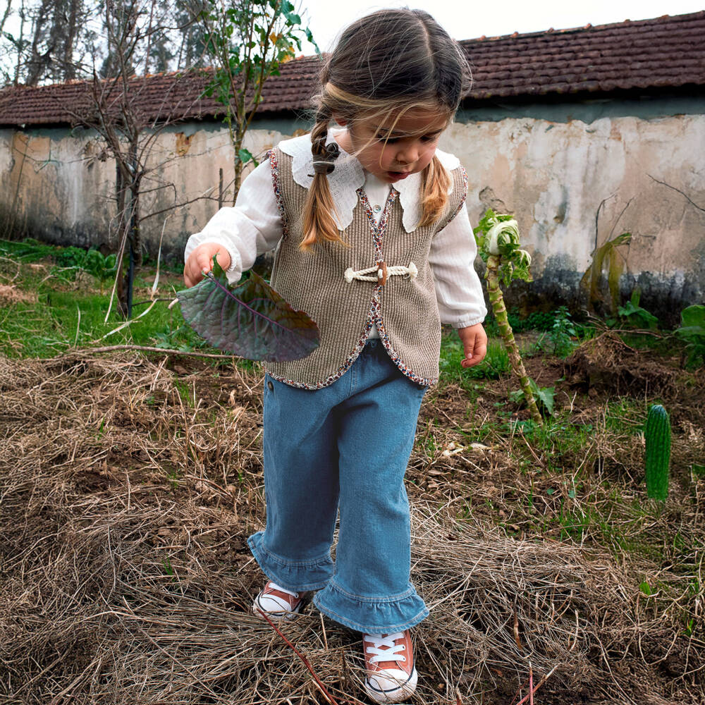 Laranjinha-Girls Blue Denim Ruffle Hem Jeans | Childrensalon Outlet