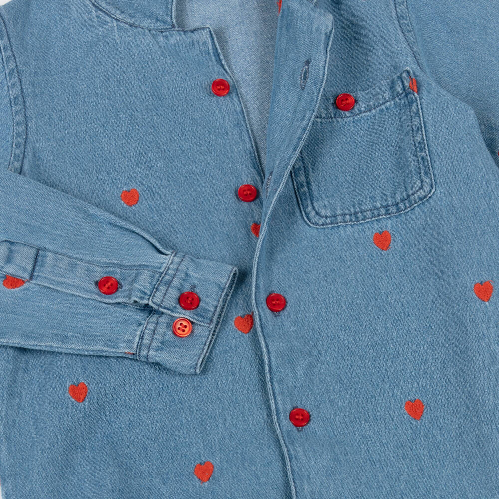 Mini Rodini-Girls Blue Denim Shirt with Red Embroidered Hearts | Childrensalon Outlet