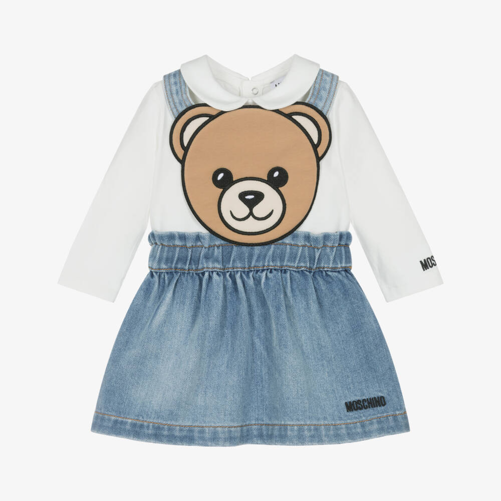 Moschino-Girls Blue Denim Teddy Bear Pinafore Dress Set | Childrensalon Outlet