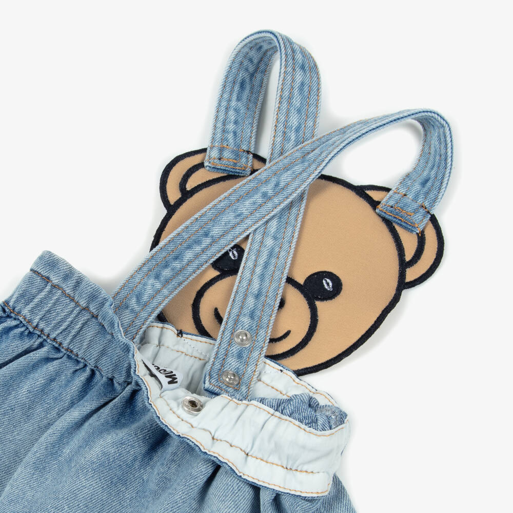 Moschino-Girls Blue Denim Teddy Bear Pinafore Dress Set | Childrensalon Outlet
