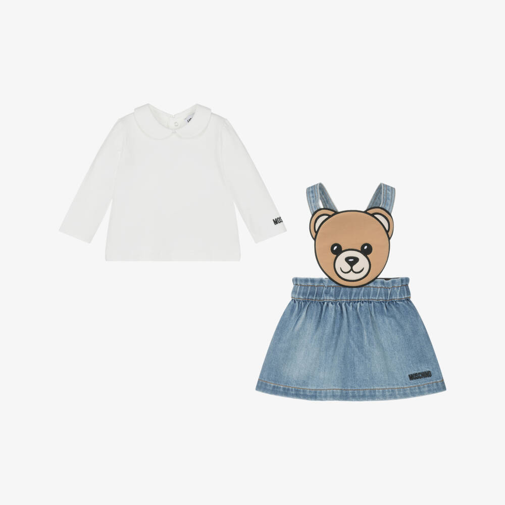 Moschino-Girls Blue Denim Teddy Bear Pinafore Dress Set | Childrensalon Outlet