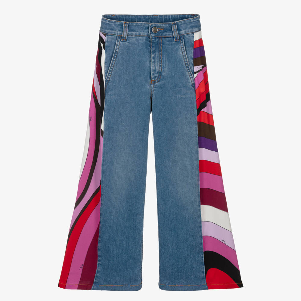 PUCCI-Girls Blue Denim Wide-Leg Iride Print Jeans | Childrensalon Outlet