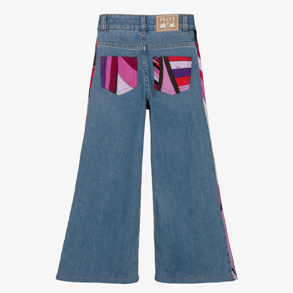 PUCCI-Girls Blue Denim Wide-Leg Iride Print Jeans | Childrensalon Outlet