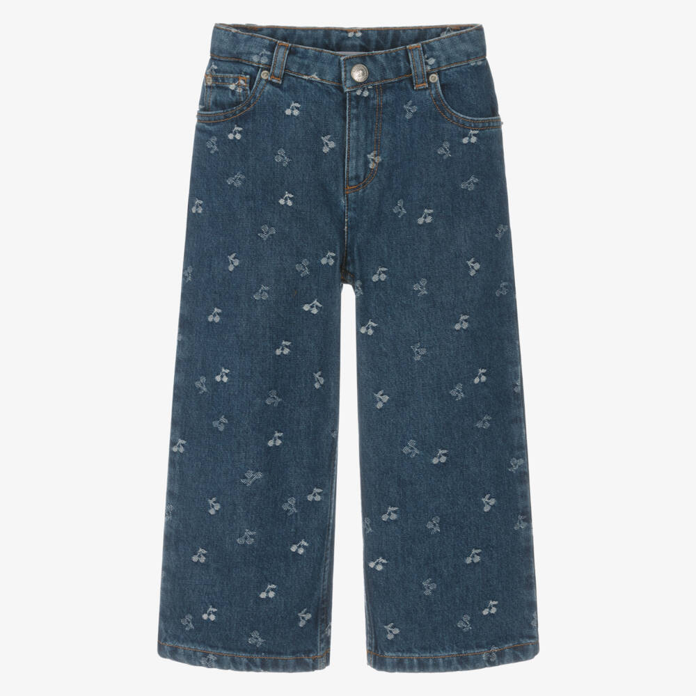 Bonpoint-Girls Blue Denim Wide-Leg Jeans with Jacquard Cherry Logos | Childrensalon Outlet