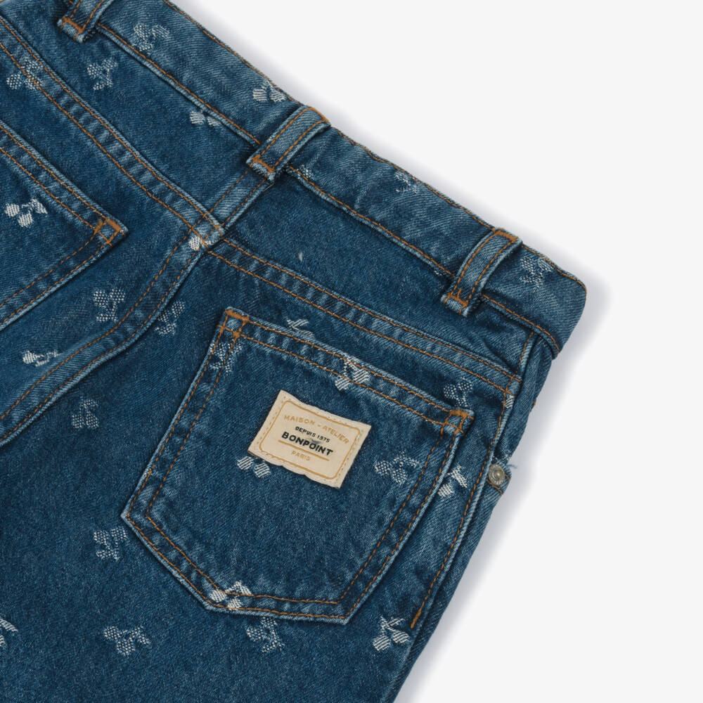 Bonpoint-Girls Blue Denim Wide-Leg Jeans with Jacquard Cherry Logos | Childrensalon Outlet