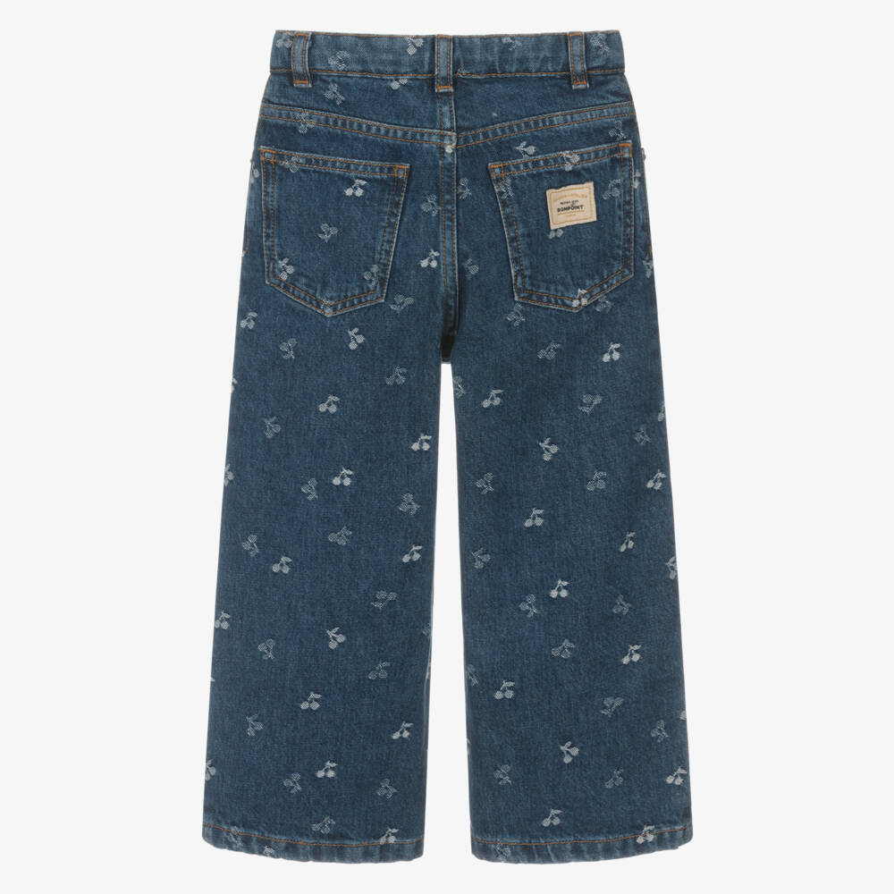 Bonpoint-Girls Blue Denim Wide-Leg Jeans with Jacquard Cherry Logos | Childrensalon Outlet