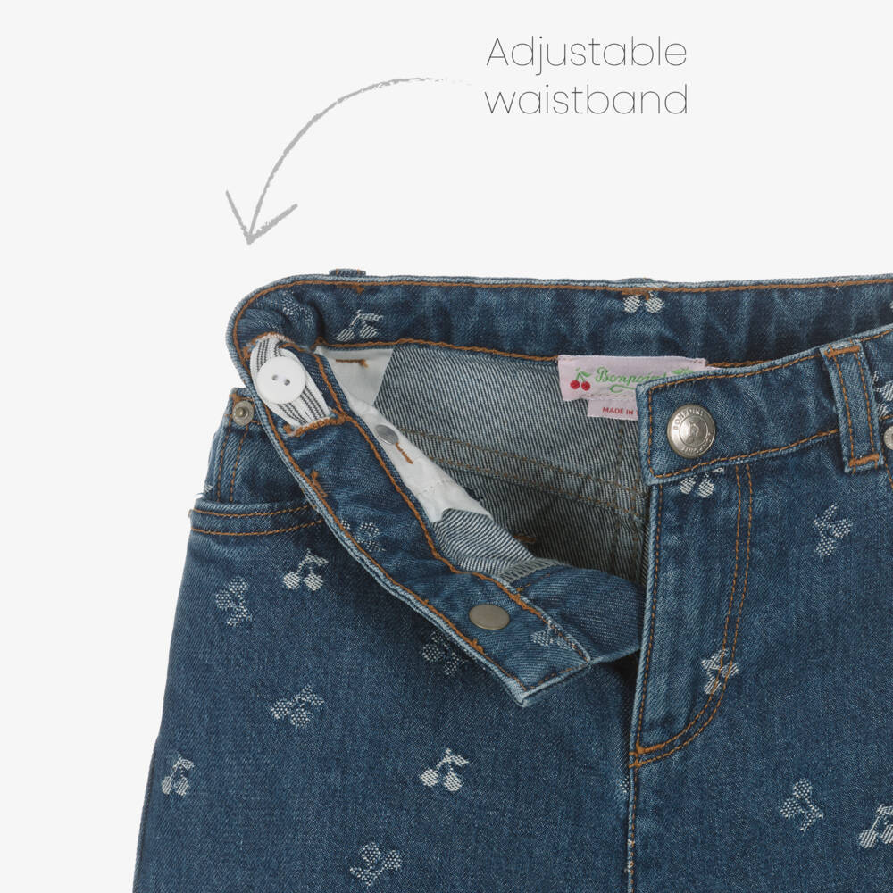 Bonpoint-Girls Blue Denim Wide-Leg Jeans with Jacquard Cherry Logos | Childrensalon Outlet