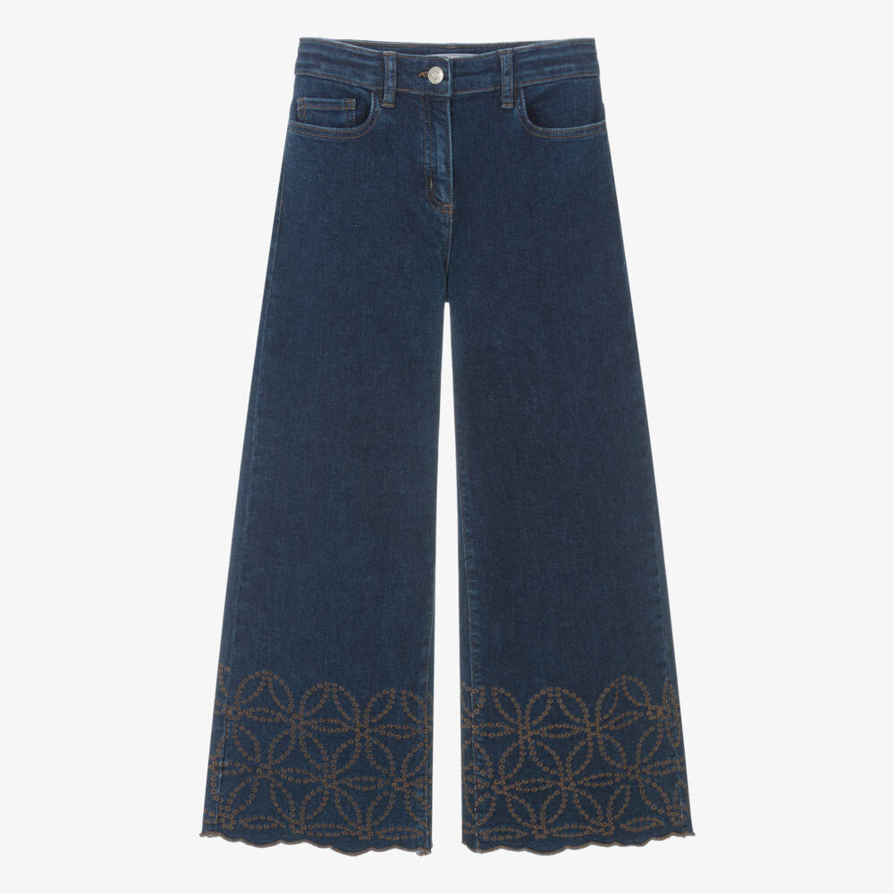 Monnalisa-Girls Blue Embroidered Wide-Leg Jeans | Childrensalon Outlet